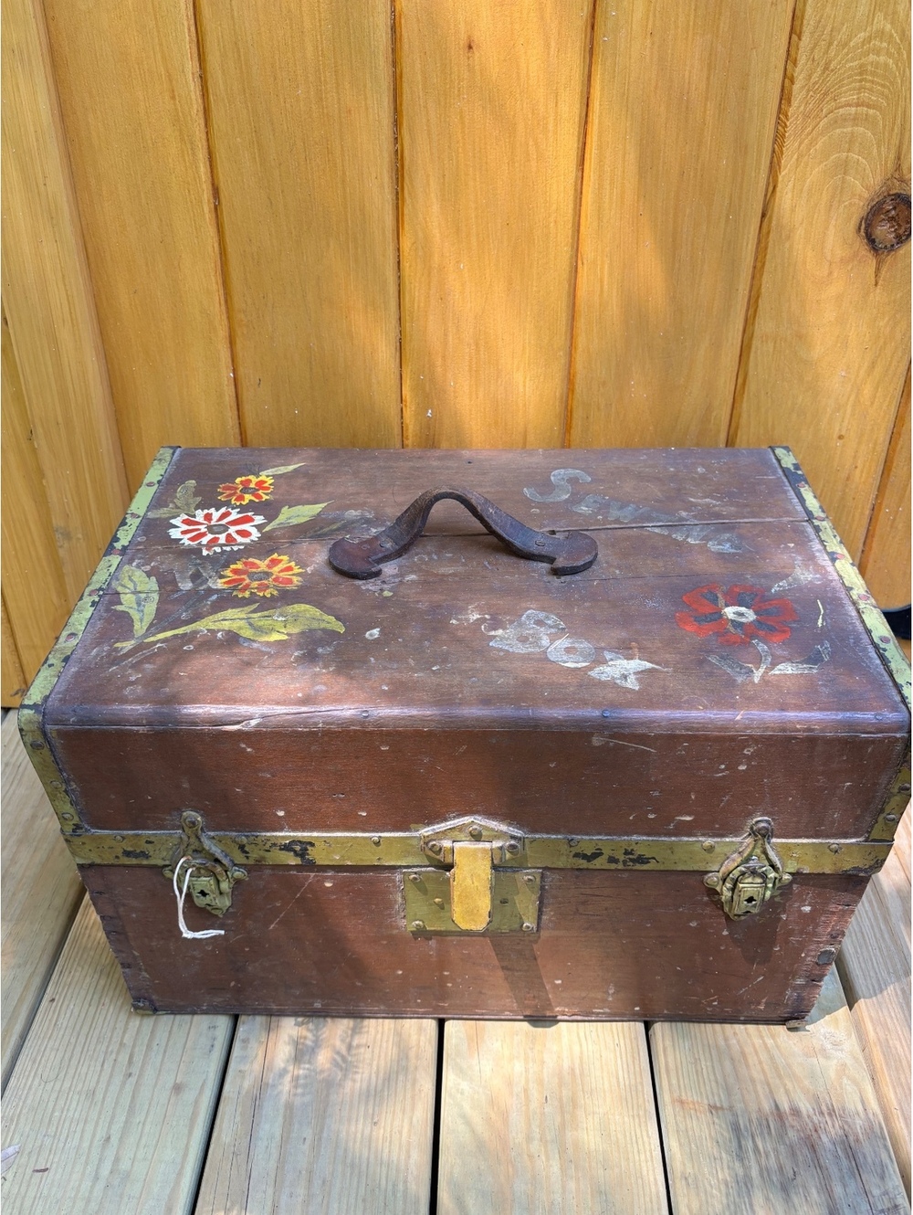 Vintage Wooden MC Lilly and Co Military Society Goods Trunk with Floral Design